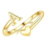 M MOOHAM Christmas Gifts for Teen Girls Kids - Initial Rings for Women Girls, Letter A 14K-Gold-Plated Rings for Women Non Tarnish, Dainty Heart Initial Ring Adjustable Pinky Ring Personalized Jewelry Gifts