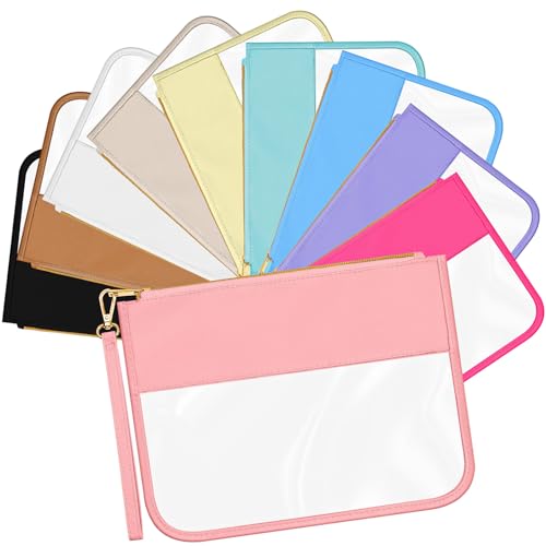 Sweetude Clear Zipper Pouch Set of 10, Waterproof Nylon Flat Cosmetic Pouches for Women & Girls, Transparent Travel Toiletry Bags with Zipper Wristlet(Nylon and PVC,Multicolor)