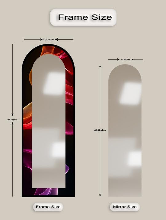 Specchio da pavimento a onde luminose cremisi da 23,5'' W x 67''H Crimson Drift - Specchio da pavimento arcuato a tutta lunghezza - Specchio da pavimento colorato con cornice nera