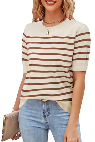 Image of Newshows Women's Sweater Short Sleeve Summer Fall Casual Business Shirts | Stretchy, Breathable, Lightweight, Summer Casual Sweater for Business 2026, Crewneck Dressy Tops, Daily Pullover, Work