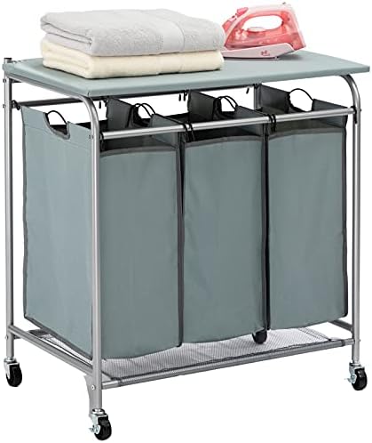HollyHOME Laundry Sorter Cart with Foldable Ironing Board with Removable 3 Bags Laundry Hamper Sorter Blue Grey