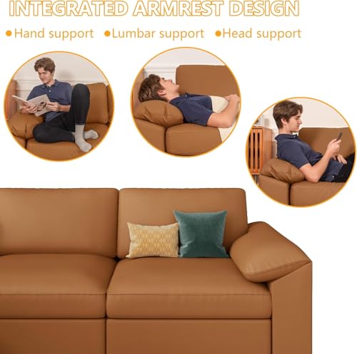 Image of EASE MOOSE Leather Sectional Couch, Oversized Modular Sectional Sofas, Wide Deep Seat Modular Couch, Scratch Resistant Faux Leather Material, L Shaped Sofa for Big Spaces, Brown