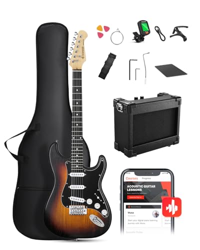 DONNER DST-80 Electric Guitar 39” Beginner Electric Guitar Kit with Amp, Classic SSS Pickup Complete with Gig Bag, Tuner, Capo, Strap, Picks, and Free Online Lessons, Red Tea Burst