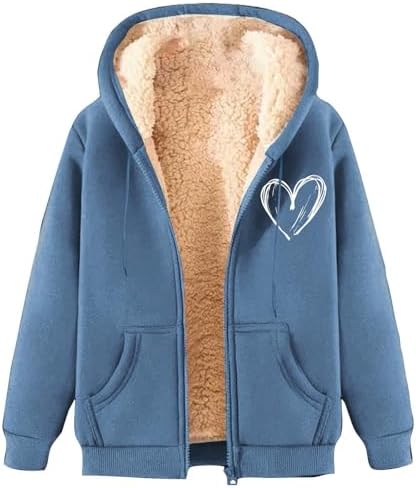 Women's Winter Hooded Jacket Casual Sherpa Lined Fleece Sweatshirt Comfort Warm Zipper Outerwear with Pockets