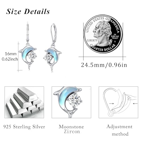 Dolphin Earrings for Women Sterling Silver Moonstone Dolphin Drop Earrings Animal Ocean Jewelry Gift for Women4