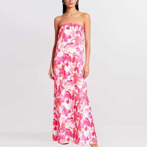 Image of Women Y2k Strapless Maxi Dress Summer Backless Floral Long Tube Dress Off Shoulder Cocktail Party Dress