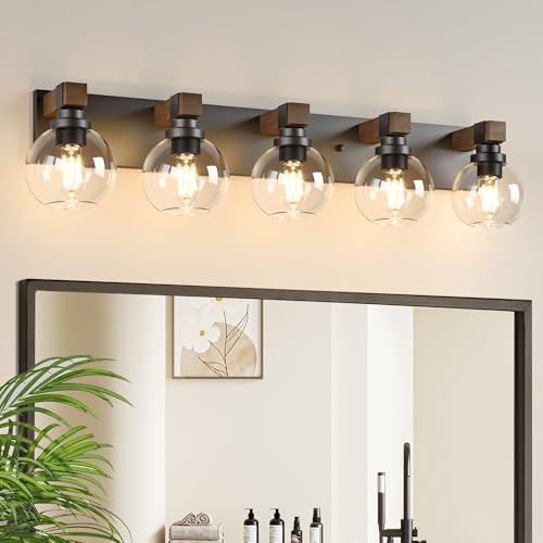 Image of LmnLvn Farmhouse 5-Light Bathroom Vanity Light, Wood & Metal Glass Shade