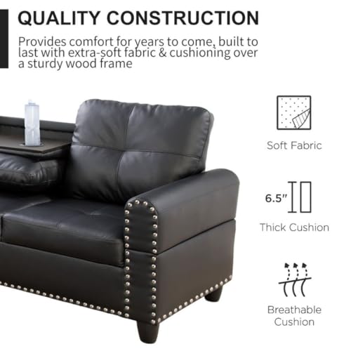 Image of L-Shaped 3-Piece Faux Leather Sofa with Ottoman, Sectional Couch Set for Living Room, Office, Apartment, with Cup Holder, Black