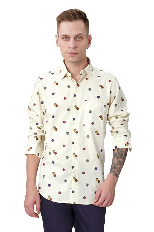 FRENCH CROWN Merino Cream Floral Printed Subtle Sheen Super Soft Premium Cotton Shirt(11618)