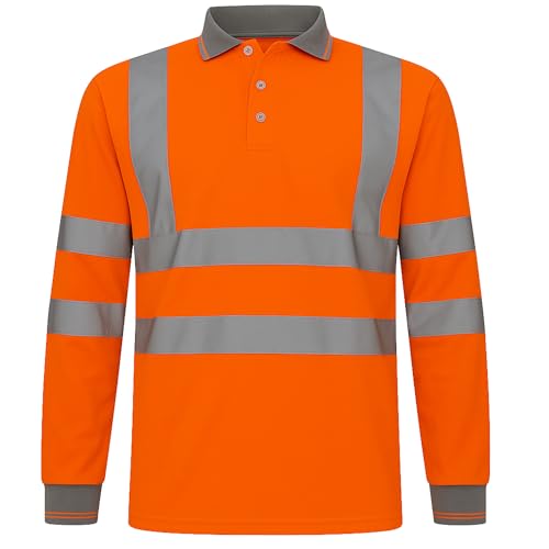 Kuest Hi Vis Long Sleeve Polo Shirt for Men – 100% Polyester, Breathable Cool Fabric, Retro-Reflective Tape, Contrast Collar & Trim, Safety Workwear for Construction & Warehouse (Orange, Large)