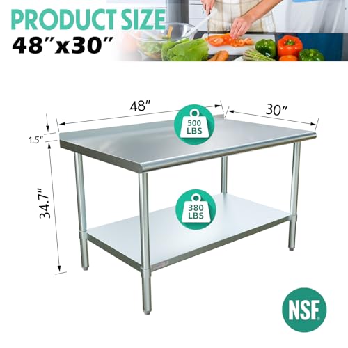 Image of STABLEINK NSF Stainless Steel Table 48x30 Inches 4ft, Metal Prep & Work Table with Backsplash and Adjustable Undershelf, for Commercial Kitchen, Restaurant, Hotel and Garage