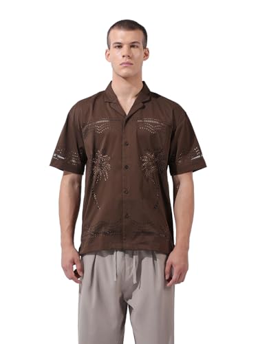 Chemise col cubain décontractée marron taille M pour l'été