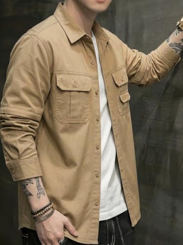 Image of SMOWKLY Men's Casual Shirt Jacket for Men | Lightweight 100% Cotton Overshirt | Full Sleeve Utility Shacket with Pockets | Stylish for Everyday Wear | Full Sleeve Button Down Shirt