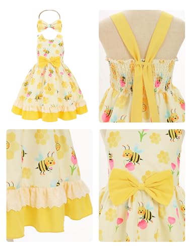 IBAKOM Baby Girl Strawberry Bee Peach Cow Birthday Dress Toddler Sleeveless Easter Smocked Clothes Princess Pageant Ball Gown3