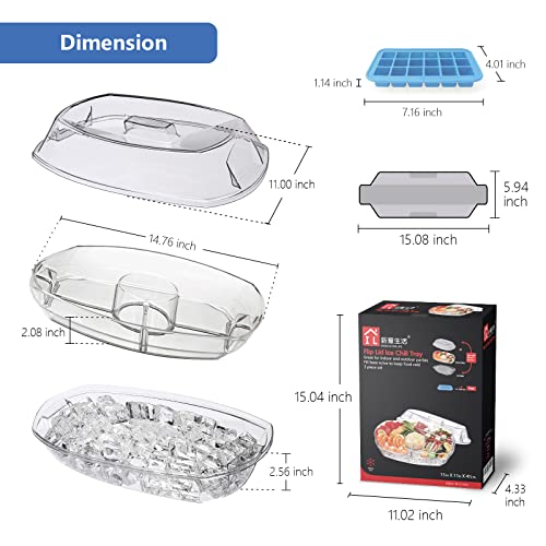 INNOVATIVE LIFE Appetizer Serving Tray on Ice, 15 Inch Party Platter with 4 Ice Cube Tray, Kitchen Chilled Food Bowl with Compartment and Lids for Shrimp, Fruits, Vegetables, Salads, Sushi, Clear