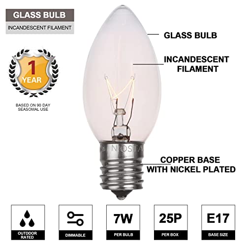 Niosta 25 Pack C9 Warm White Christmas Replacement Bulbs, Christmas C9 Clear Glass Incandescent Light Bulbs For Indoor Outdoor Christmas String Lights, E17 Intermediate Base, 7 Watts #TOP1