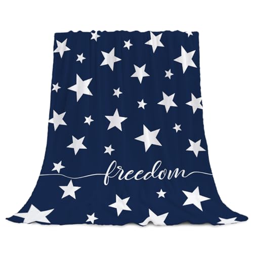 Image of YeeJu Patriotic Throw Blanket King Size Big 4th of July Memorial Day Fourth of July Blanket Bed Couch Soft Fleece Blanket Stars and Stripes White Blue Independence Veteran Day Blanket 90x108