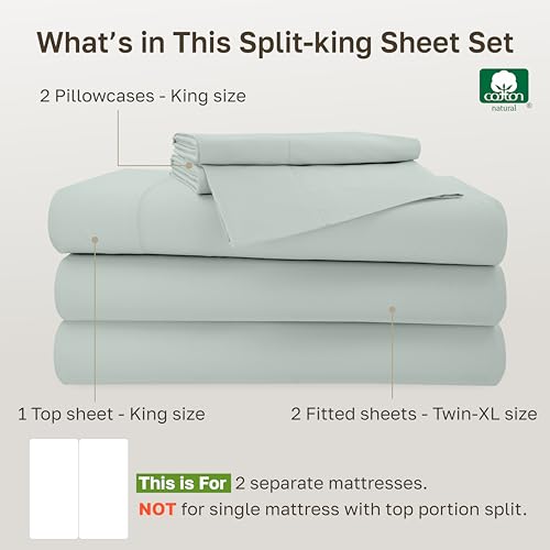 Image of California Design Den Split King Bedsheets for Adjustable Bed, 100% Cotton Set, 500 Thread Count Sateen, Snug Fit, Includes Twin-XL Fitted Sheets, Bedding & Pillowcases (Split King, Silver Sage)