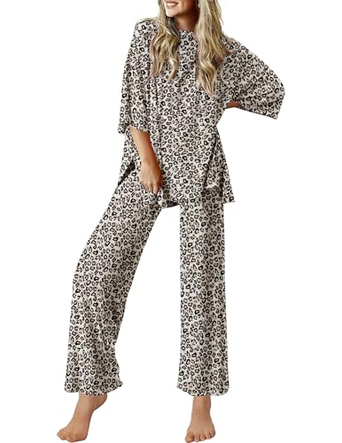 Image of Ekouaer Lounge Sets for Women Short Sleeve Tops and Long Pants Soft Comfy Pajamas Set 2 Piece Outfits