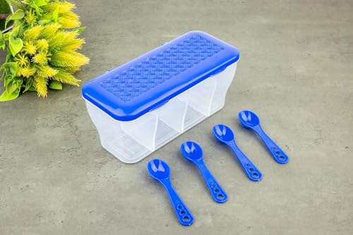 Image of LEMBOSE Multipurpose Plastic 4 in 1 Masala Box for Kitchen, Transparent Pickel Box, 4 Compartment Storage Container Airtight for Cereal, Dry Fruits Dabba1800 Ml with 4 Spoons