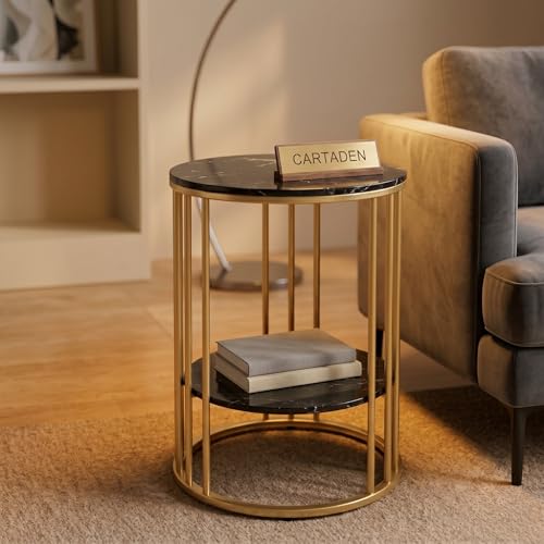 Image of CARTADEN Side Table, Small Round End Table with Lower Shelf, Nightstand for Small Spaces, Bedside Coffee Table for Living Room, Bedroom Gold Black