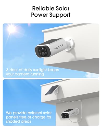 Image of ARCCTV Solar Security Cameras Wireless Outdoor, No Monthly Fee, 2-Camera Bullet Home Security System with Base Station, 2K Video, Local Storage, Color Night Vision, Active Siren