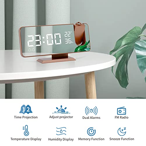 Ftoyin Projection Alarm Clock For Bedroom Digital Alarm Projector Clock With Led Screen, 7.5'' Fm Radio Loud Clock With Led Screen, Temperature & Humidity Display (Rose Gold) #TOP1