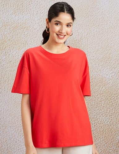 Image of Amazon Brand - Symbol Women's Graphic Cotton Stretch Half Sleeve Round Neck Oversized Loose Fit T-Shirts (Front & Back Print (Available in Plus Sizes)