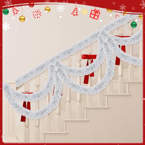 Image of 50ft Silver & White Christmas Tinsel Garland - Metallic Tinsel Glitter Twist Garland Hanging Streamers for Indoor /Outdoor Decor Xmas Tree Garlands Decorations