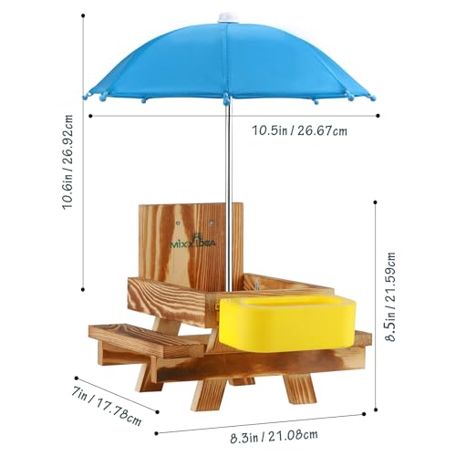 MIXXIDEA Wooden Squirrel Feeder Table with Water Bowl, Squirrel Picnic Table for Outside with Umbrella, Brown Squirrel Feeder with Corn Cob Holder Cute Chipmunk Feeder (Blue)