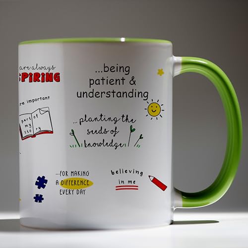 Image of DAYS Thank You Teacher Personalized Mug Custom Teacher's Name Best Teacher Gift, Teacher on Birthday Helping Me to Grow Ceramic Mug 11oz (Green Mug)