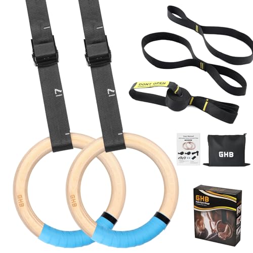 GHB Gymnastic Rings Wooden Gym Rings 32mm Olympic Rings Adjustable Straps Pull Up Rings Sets for Workout Bodyweight Fitness Training