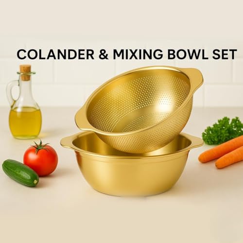 Image of Golden Stainless Steel Colander with Bowl Set | Multipurpose Kitchen Strainer & Drainer | Rust-Free Durable Vegetable Fruit Rice Pasta Washing Bowl | Elegant Serving & Storage Use (Combo)