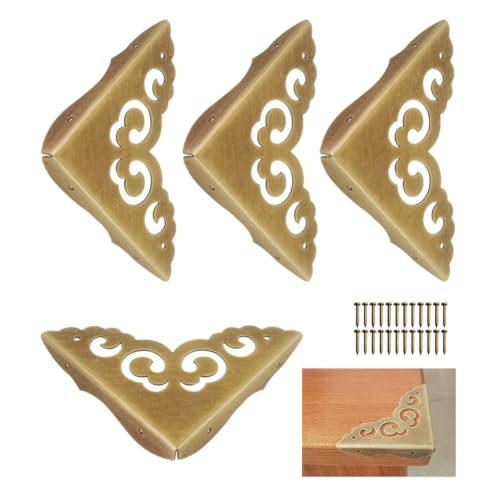 Image of Metal Corner Protectors Set of 4, Vintage Decorative Corner Protector for Antique Wooden Chests, Tables, Desks, Boxes, Edge Protection, Hollowed Out Flower Corner Guards for Decor Furniture (Bronze)