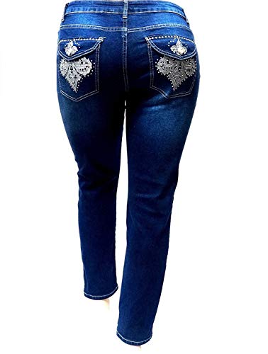 Jack David Fleur-De-lis Dark Blue Stretch Denim Jeans Womens Plus Size Skinny Leg JD3687