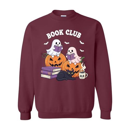 Book Club Halloween Sweatshirt – Cute Ghosts with Books, Pumpkins, Cat & Coffee – Unisex Spooky Fall Crewneck