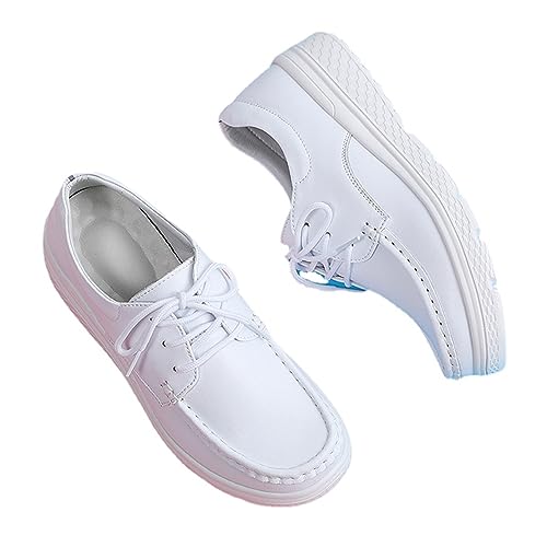 Purubylley Women's Slip Resistant Lightweight Nursing Shoes Comfortable Lace Up Work Shoes?Nursing Work Healthcare Slip Resistant Breathable Restaurant Food Service Leather Loafers (White,9)