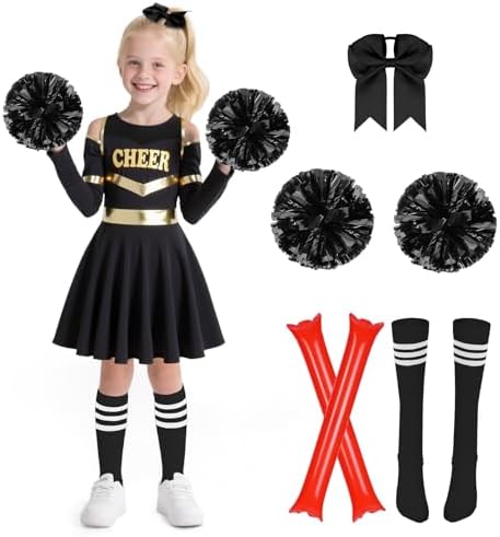 AYBUY Cheerleader-Halloween-Kostüm, Mädchen Cheer Outfit Fasching Kleid, Zombie Cheerleader mit Pompoms, Socken, Inflatable Stick und Kopfschmuck für Karneval, Halloween, Cosplay-P