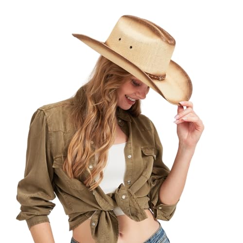 Image of Straw Cowboy Hat, Cattleman Crease 4.1 inch Wide Brim Western | Unisex design, shapeable wide brim, breathable cowgirl style, gift box included, 2 sizes