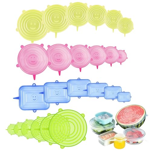 Silikondeckel, 24 Stück Silikon Stretch Deckel Set, Silikondeckel Dehnbar Wiederverwendbar, Verschiedenen Größen, Rund und Rechteckig Silicone Stretch Lids für SchüSseln, Dosen, Becher, Obst