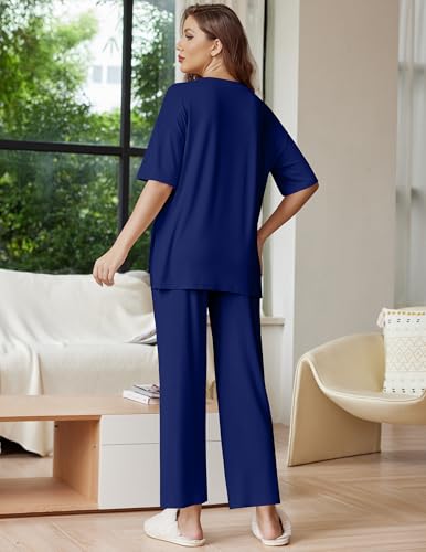 Image of Ekouaer Lounge Sets for Women Short Sleeve Tops and Long Pants Soft Comfy Pajamas Set 2 Piece Outfits