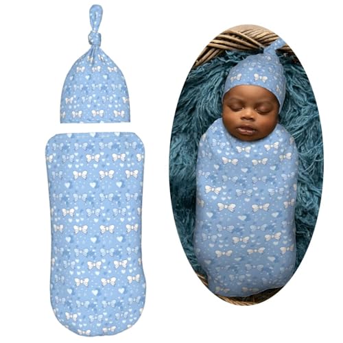 Image of Light Blue Bows and Hearts Newborn Swaddle Blankets Hat Sets Soft Baby Receiving Blanket Swaddle Sack for Baby Shower Infant Boy Girl Gift