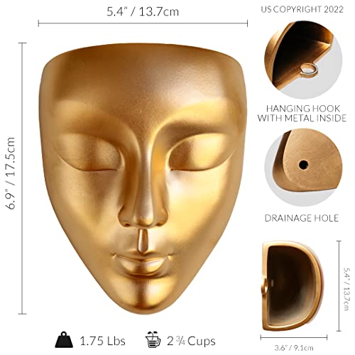 Bossa Linda Face Wall Planter | 7 Colors Available | Unique Head Planter For Indoor Wall Decor | Perfect As A Succulent Wall Planter Or Cactus Planter - Calma Design, Gold #TOP3