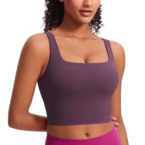 CRZ YOGA Butterluxe Square Neck Crop Tank Tops for Women - Workout Longline Sports Bras Padded Yoga Camisole Grape Thistle Purple X-Large