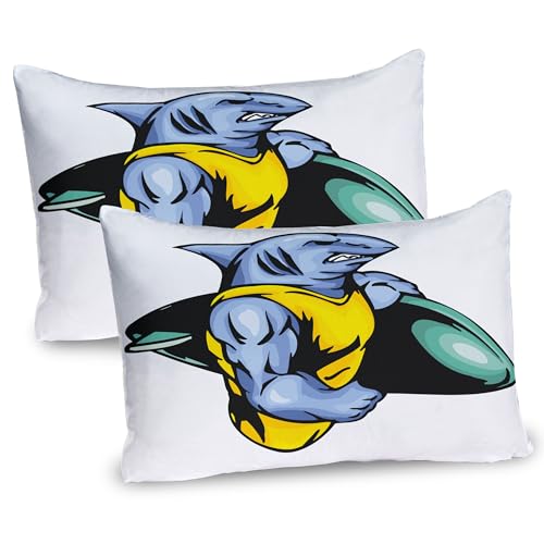 Ambesonne Shark Pillow Sham Set of 2, Grumpy Surfer Animal Muscled Body Exotic Sports Mascot Cartoon, Quality Microfiber Bedding Item for All Seasons, 30