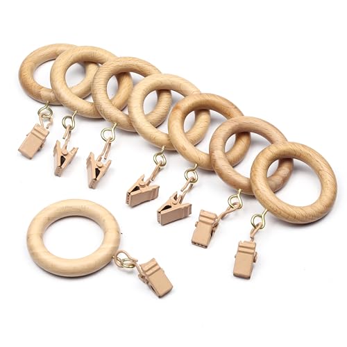 24 Pieces Beachwood Curtain Rings with Clips | 2 Inch Outer, 1.25 Inch Inner Diameter | Fits 1 Inch Rod | Wooden Drapery Rings with Eyelet for Window & Shower Curtains