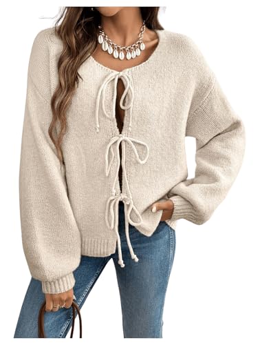 Verdusa Women's Bow Tie Front Drop Shoulder Long Sleeve Knit Cardigan Sweaters