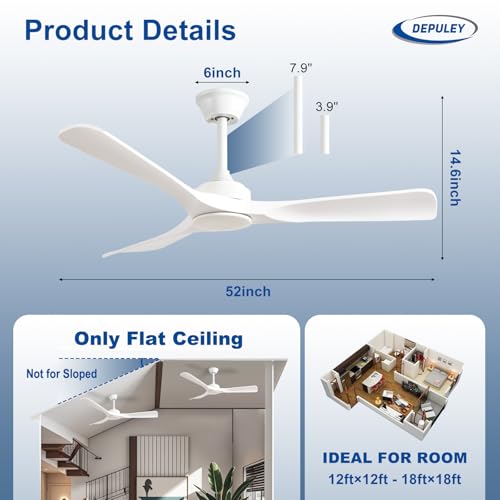 Image of Depuley Ceiling Fan Without Light: 52 Inch 3 Blade Outdoor Fans for Patios - White Ceiling Fan No Light Indoor Remote Control Ultra Quiet DC Motor Reversible 6 Speed Timer