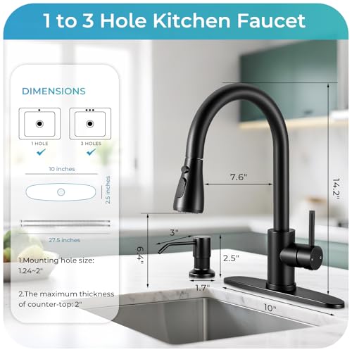 Image of Pull Down Kitchen Faucet with Soap Dispenser - Matte Black Single Handle Kitchen Faucets, High Arc Stainless Steel Pull Out Kitchen Sink Faucet with Deck for RV Laundry Farmhouse Bar