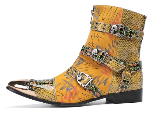 Santimon Men's Snake Print Cowboy Boots – Punk Rock Gothic Casual Western Boots with Metallic Toe, Buckle Strap,Skull Rivets & Side Zipper for Stage, Party & Bar2
